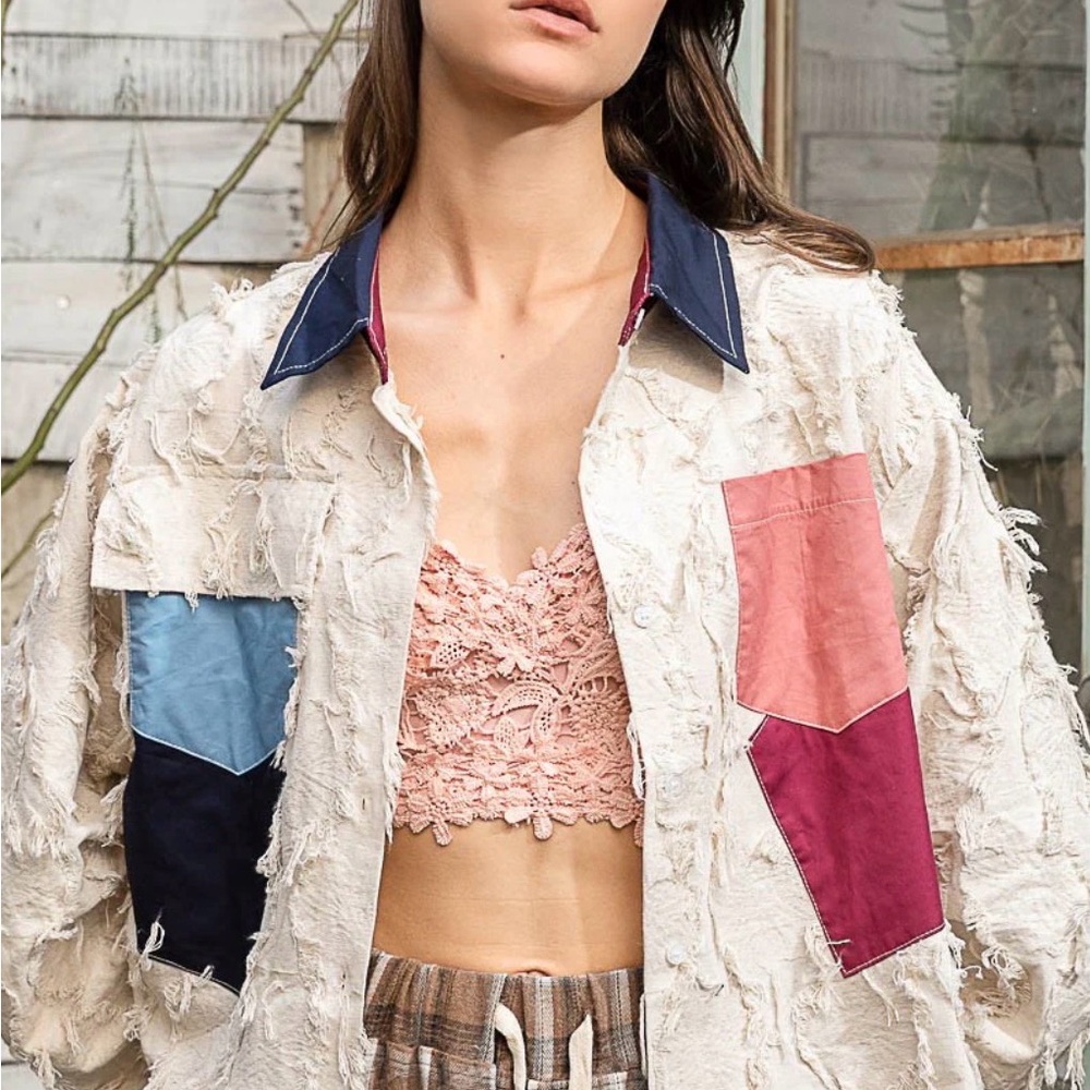 Pol Cream Patchwork Distressed Jean Jacket With B… - image 3